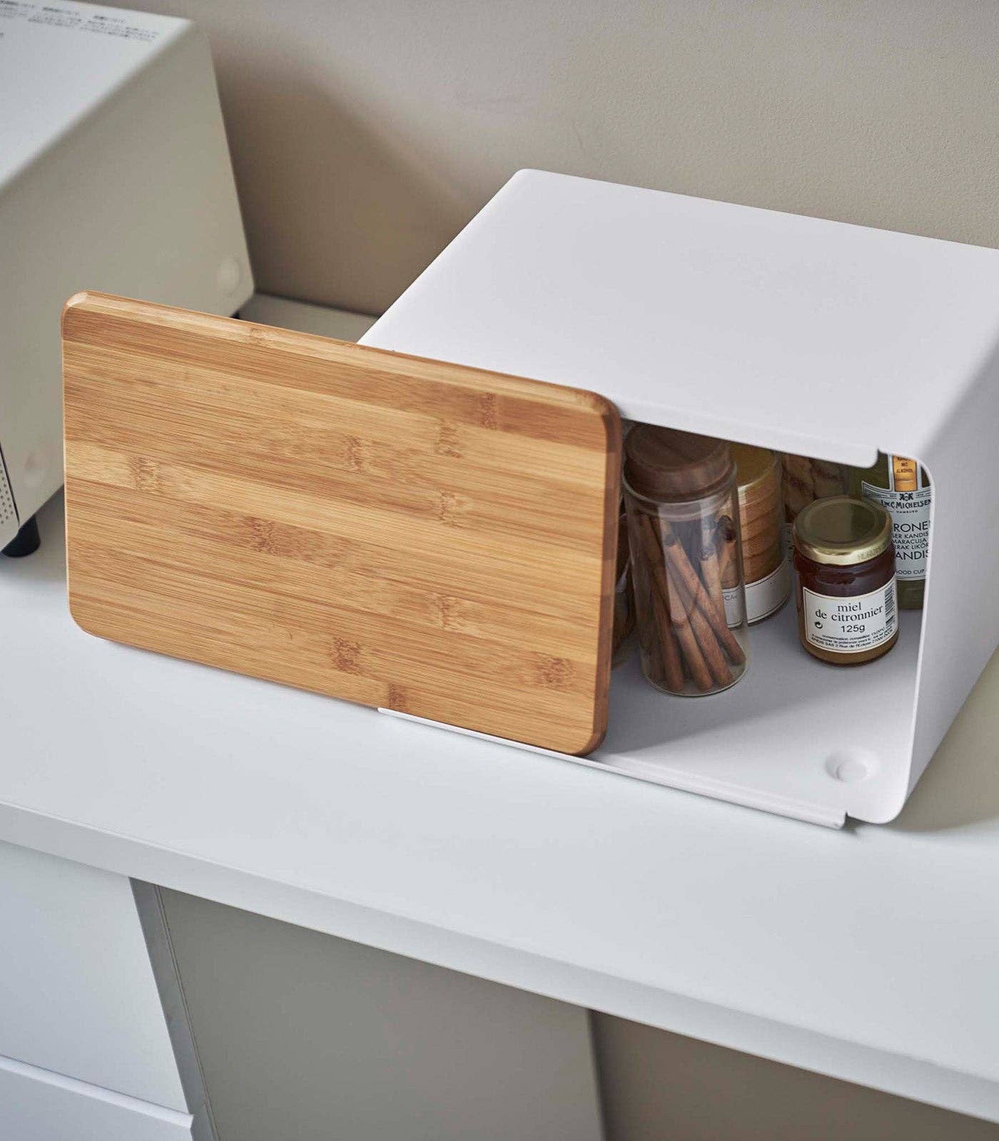 Bread Box with Cutting Board Lid - Steel + Wood: White