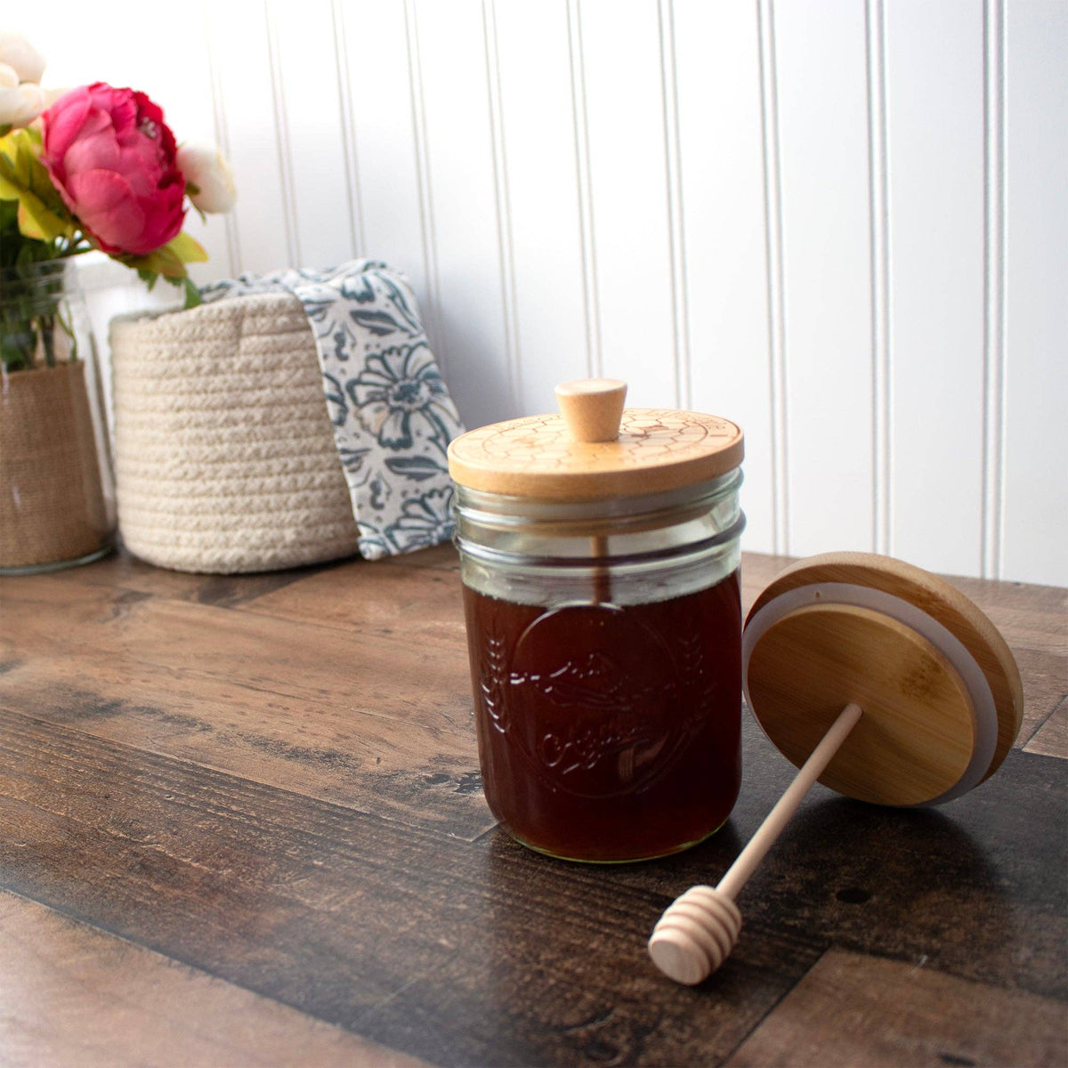 Bamboo Honey Dipper Lid for Mason Jars With Wide Mouth Jar
