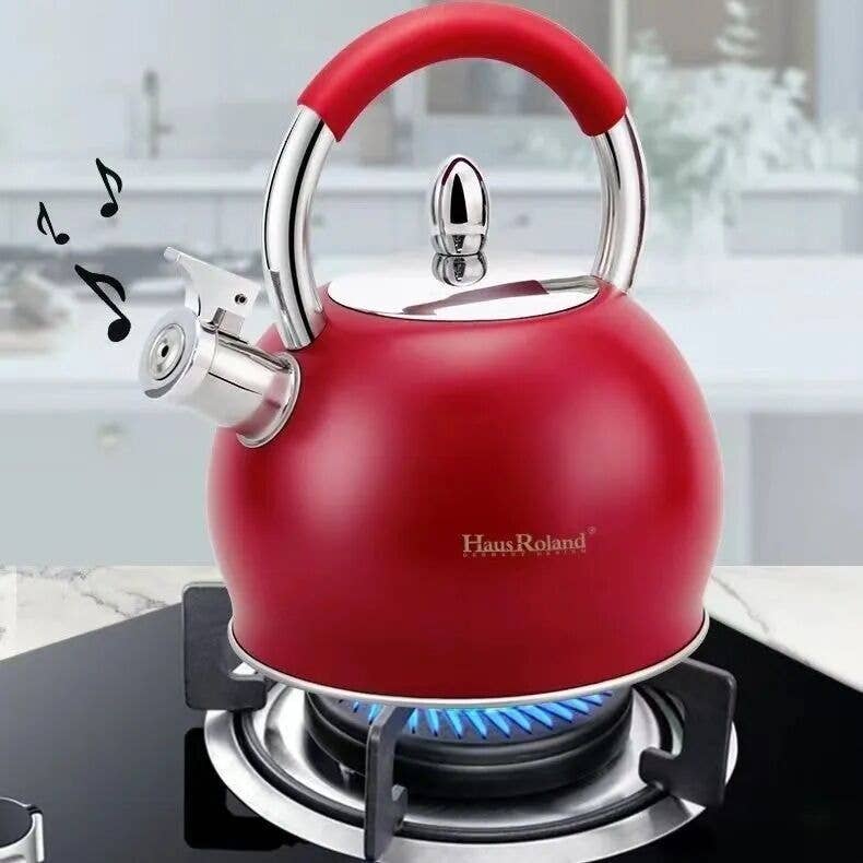 STAINLESS STEEL RED WHISTLING KETTLE WITH SILICONE HANDLE