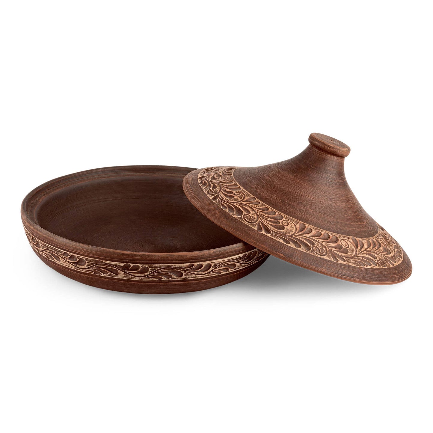HANDMADE RED CLAY STONEWARE TAJINE ENGOBE DÉCOR