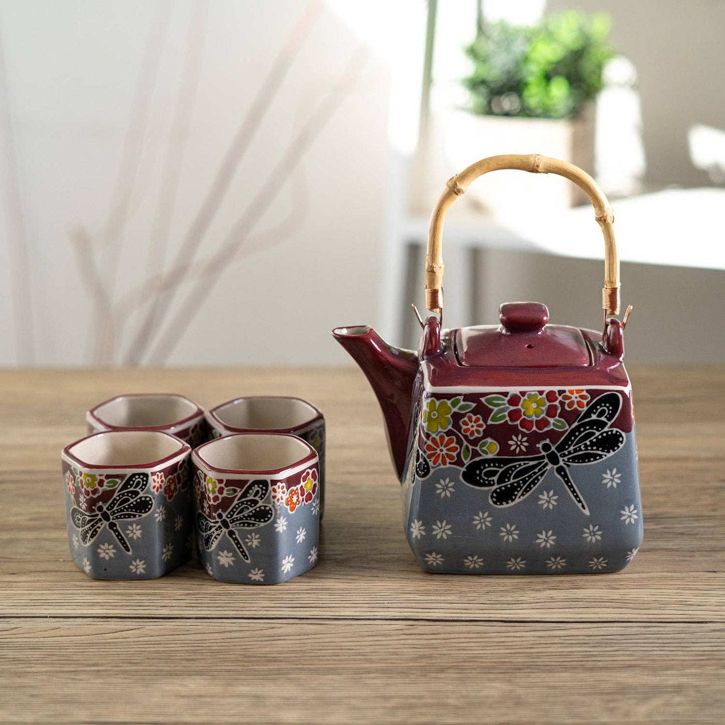 Dragonfly Tombo Design Tea Set 20oz Tea Pot with 4 Hexagon Cups (4/8)