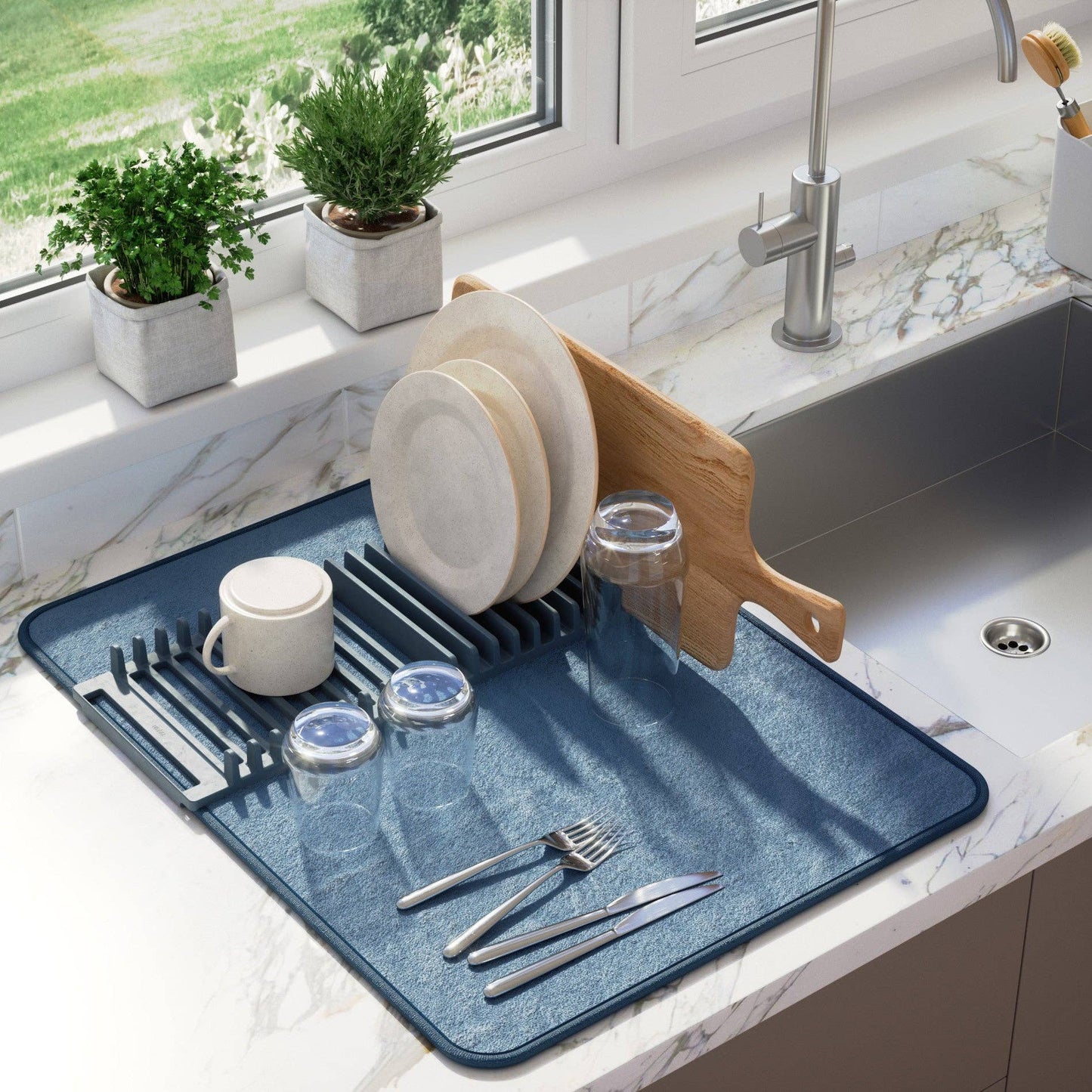 UDRY DISH RACK WITH DRYING MAT: SLATE BLUE