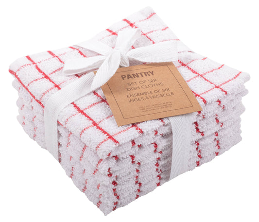 KAF Home Set of 6 Checkered Terry Dish Cloths - 12 x 12: Red