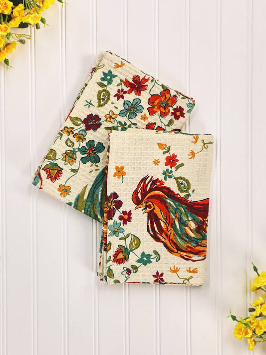 APRIL CORNELL TEA TOWEL ROOSTER ECRU 19x27