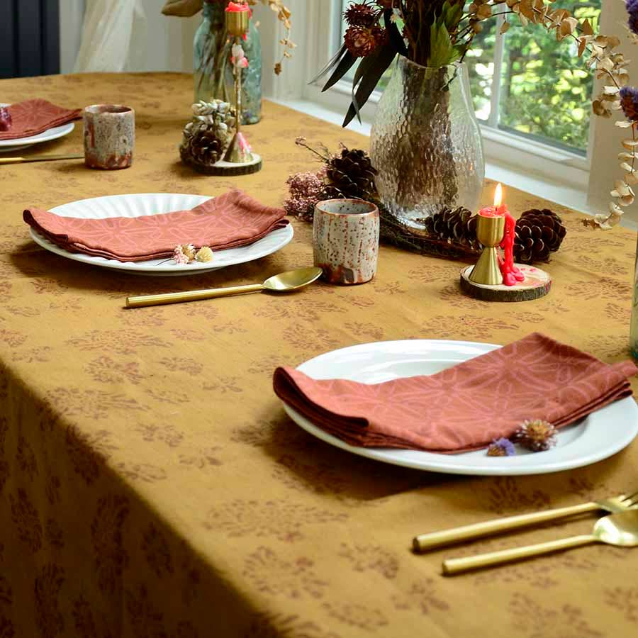 Organic Cotton Tablecloth, Block Print Floral | Marigold: 56"x84"