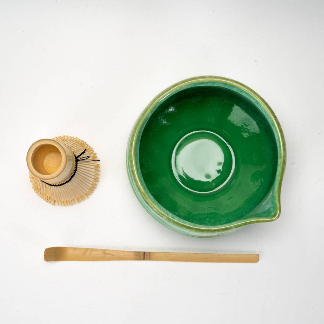 Matcha Set Porcelain Latte Bowl with Whisk and Scoop Green