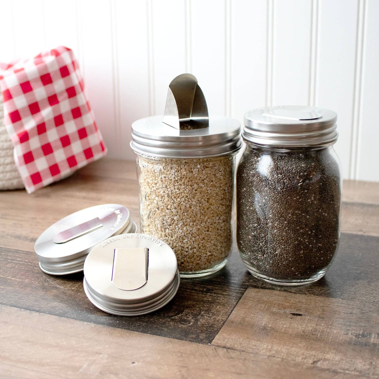 STAINLESS STEEL GRAIN DISPENSING LID FOR MASON JARS 2PK: WIDE MOUTH