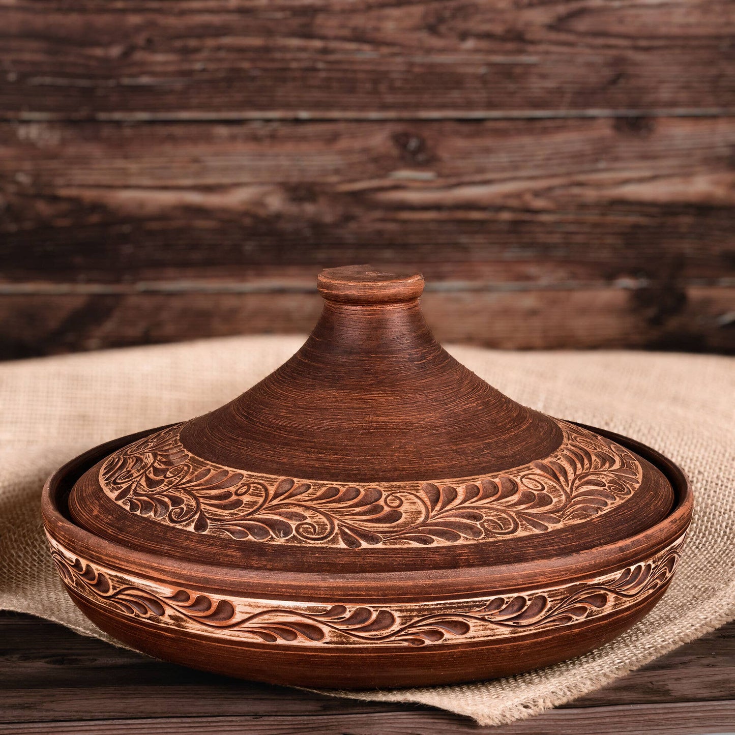 HANDMADE RED CLAY STONEWARE TAJINE ENGOBE DÉCOR