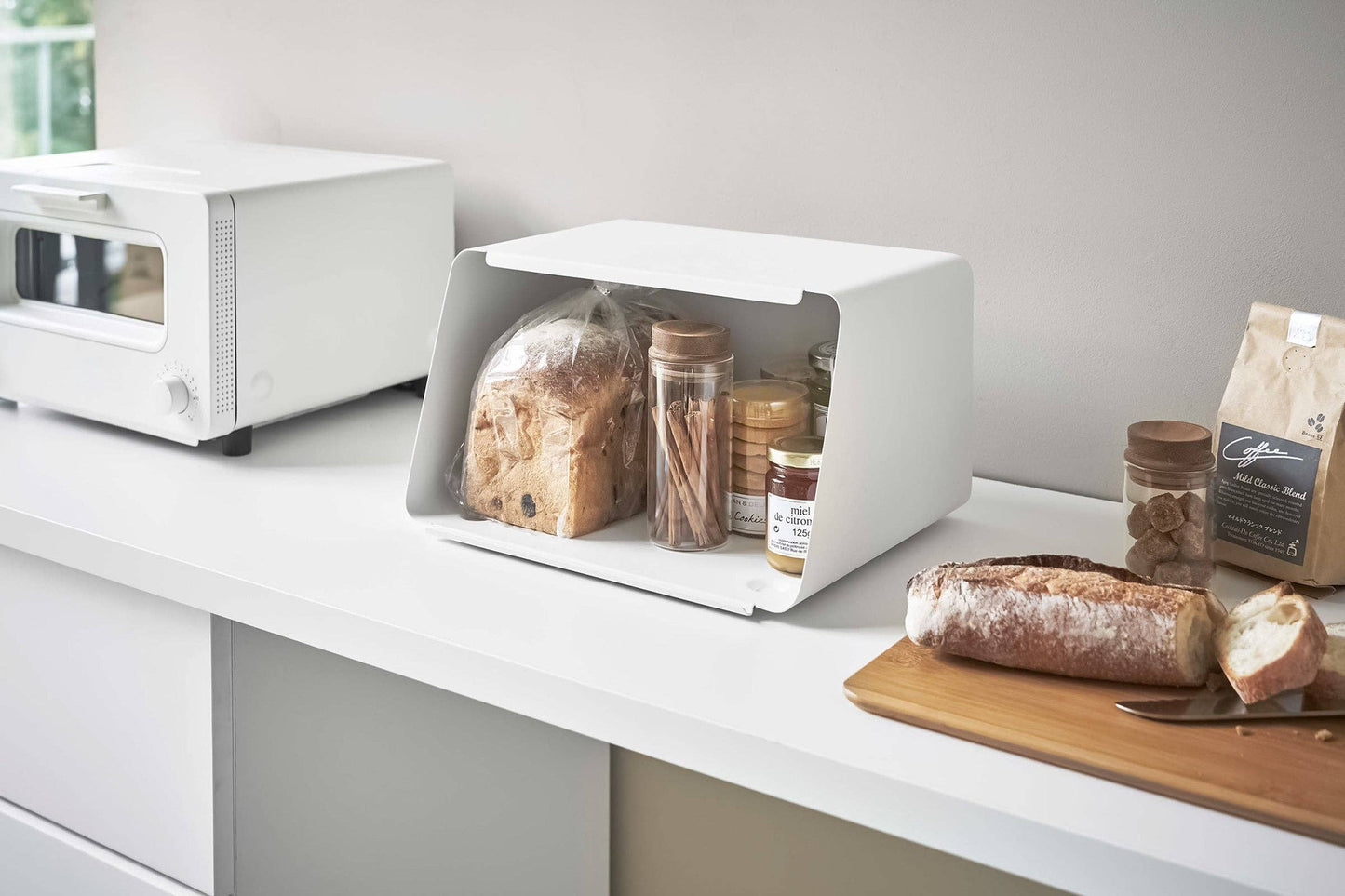 Bread Box with Cutting Board Lid - Steel + Wood: White