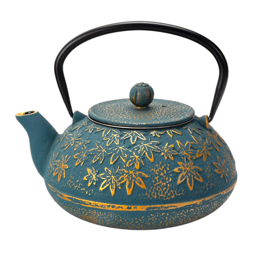 Turquoise Maple Leaves Momiji Design 40oz Cast Iron Tea Pot (1/8)