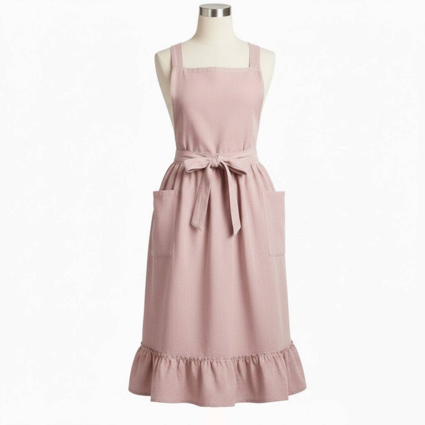 Adjustable Cross Back Ruffle Hem Apron with Front Pockets