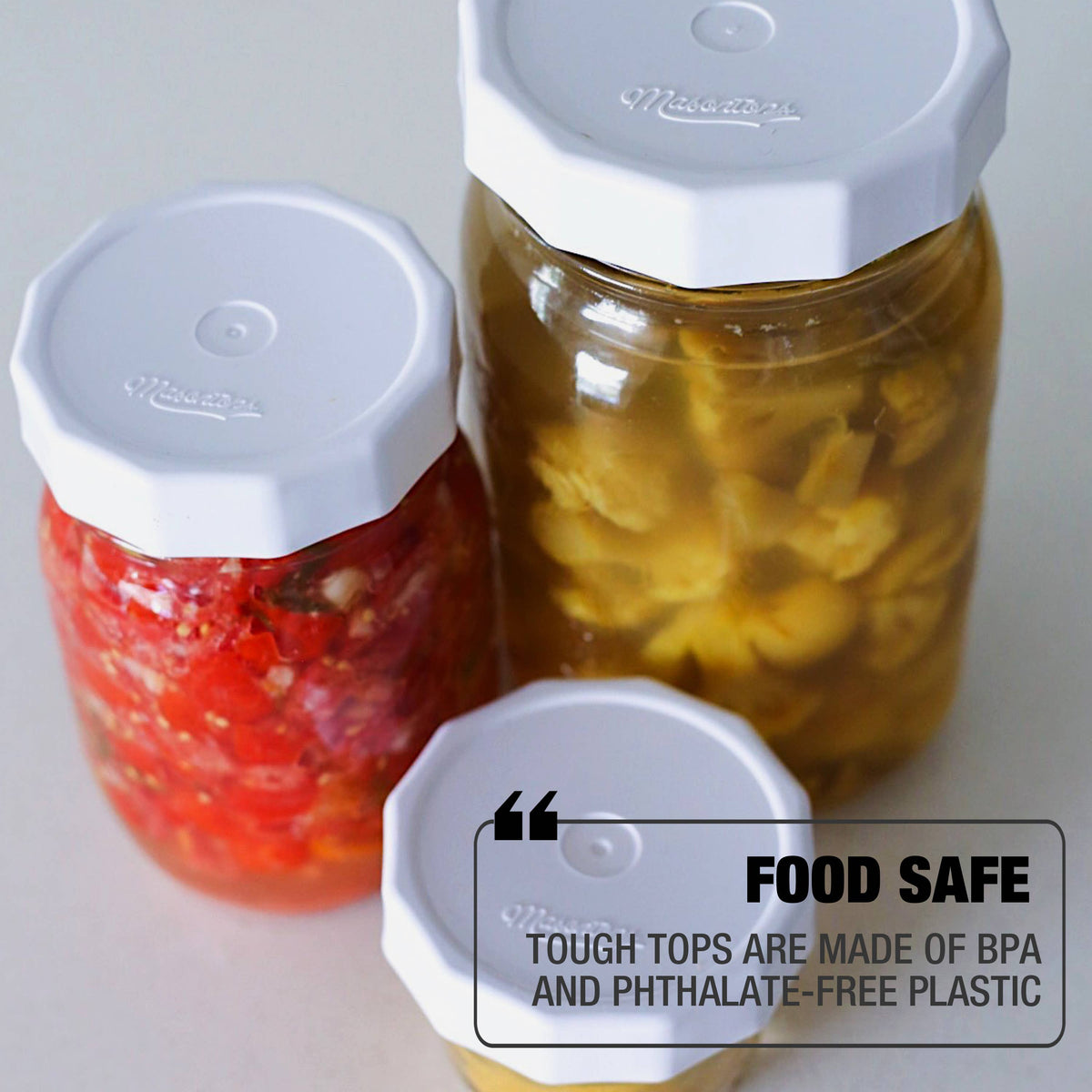 White Tough Top Plastic Mason Jar Lids: Wide Mouth