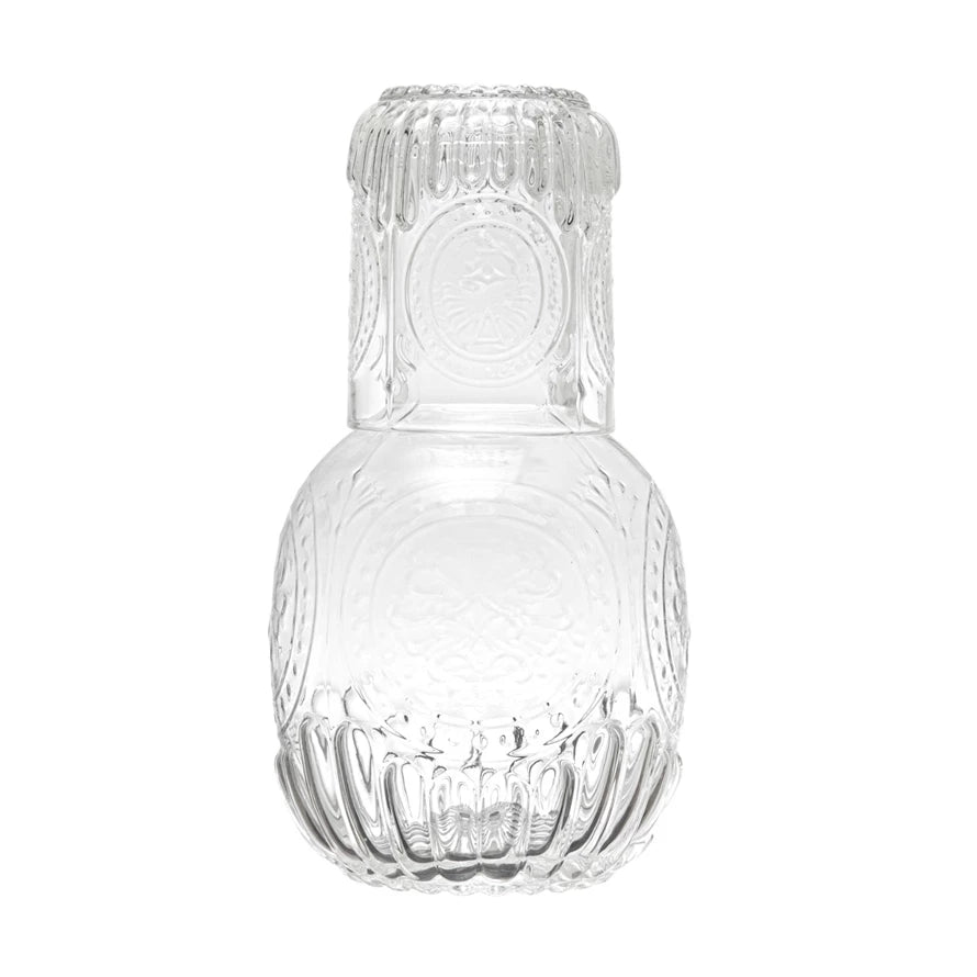EMBOSSED GLASS CARAFE W/8 OZ EMBOSSED DRINKING GLASS