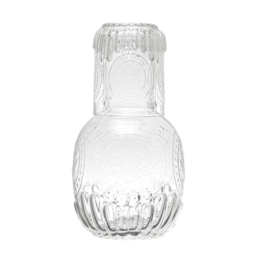 EMBOSSED GLASS CARAFE W/8 OZ EMBOSSED DRINKING GLASS