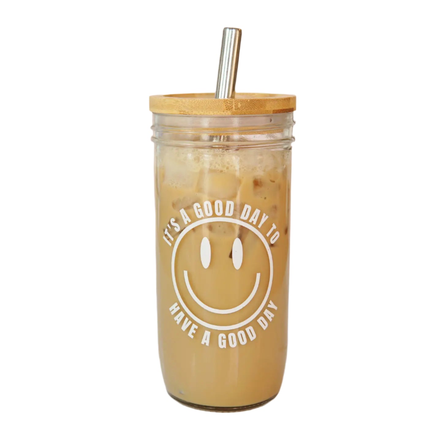 GLASS TUMBLER W/BAMBOO TOP AND STRAW GOOD DAY 22OZ
