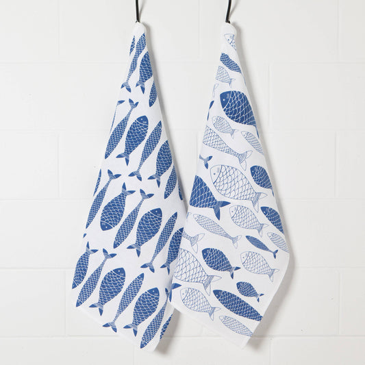 FISH PRINT ROYAL BLUE FLOURSACK DISHTOWELS SET OF 2