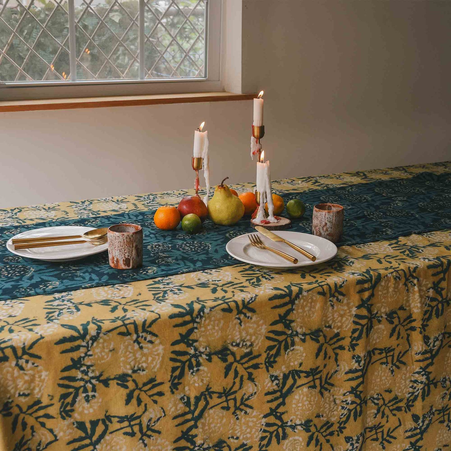 Organic Cotton Block Print Tablecloth | Flower Field: 56"x108"