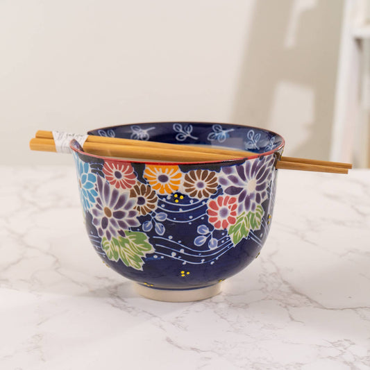 FLORA MIX DESIGN 18OZ 5.25"D BOWL WITH CHOPSTICKS SET