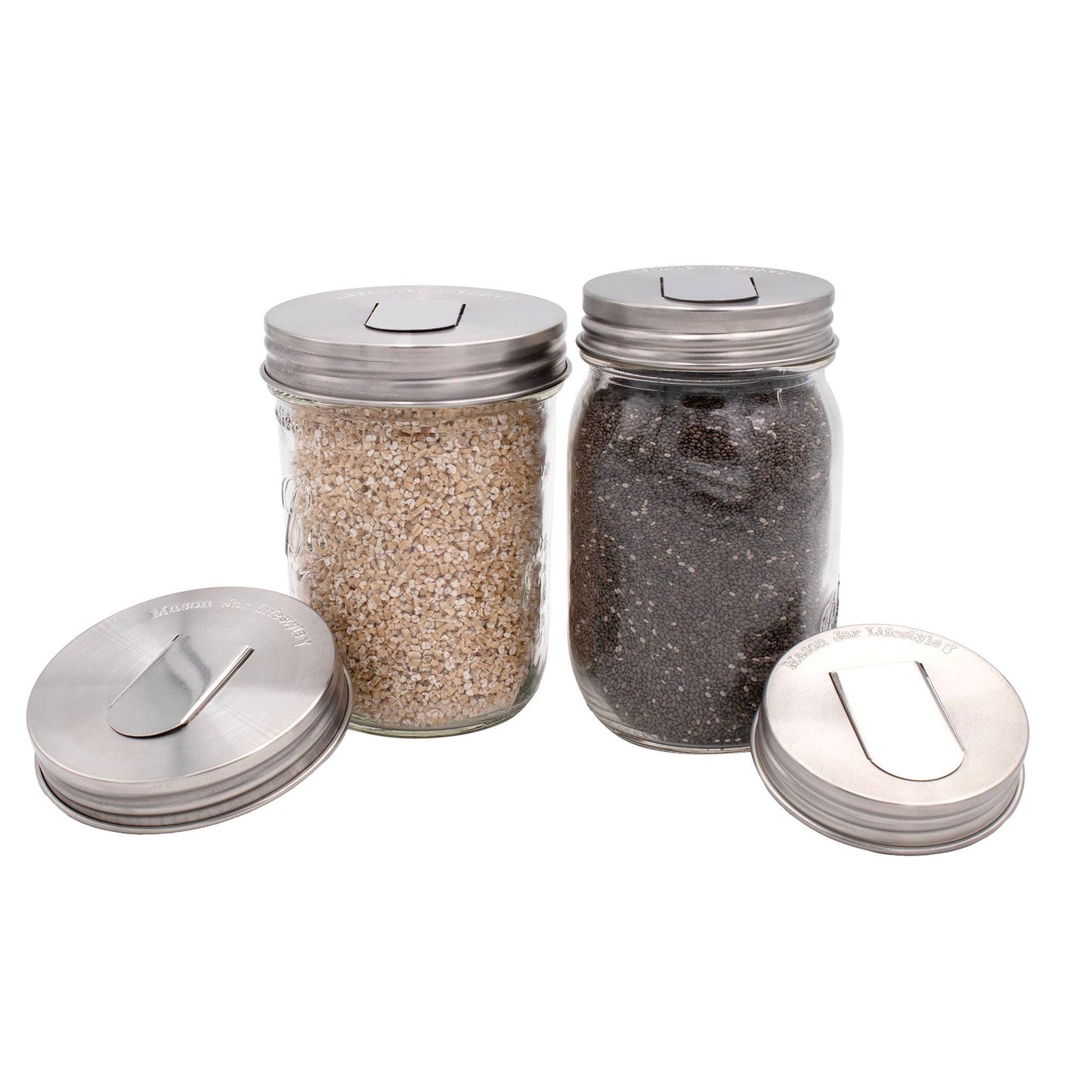 STAINLESS STEEL GRAIN DISPENSING LID FOR MASON JARS 2PK: WIDE MOUTH