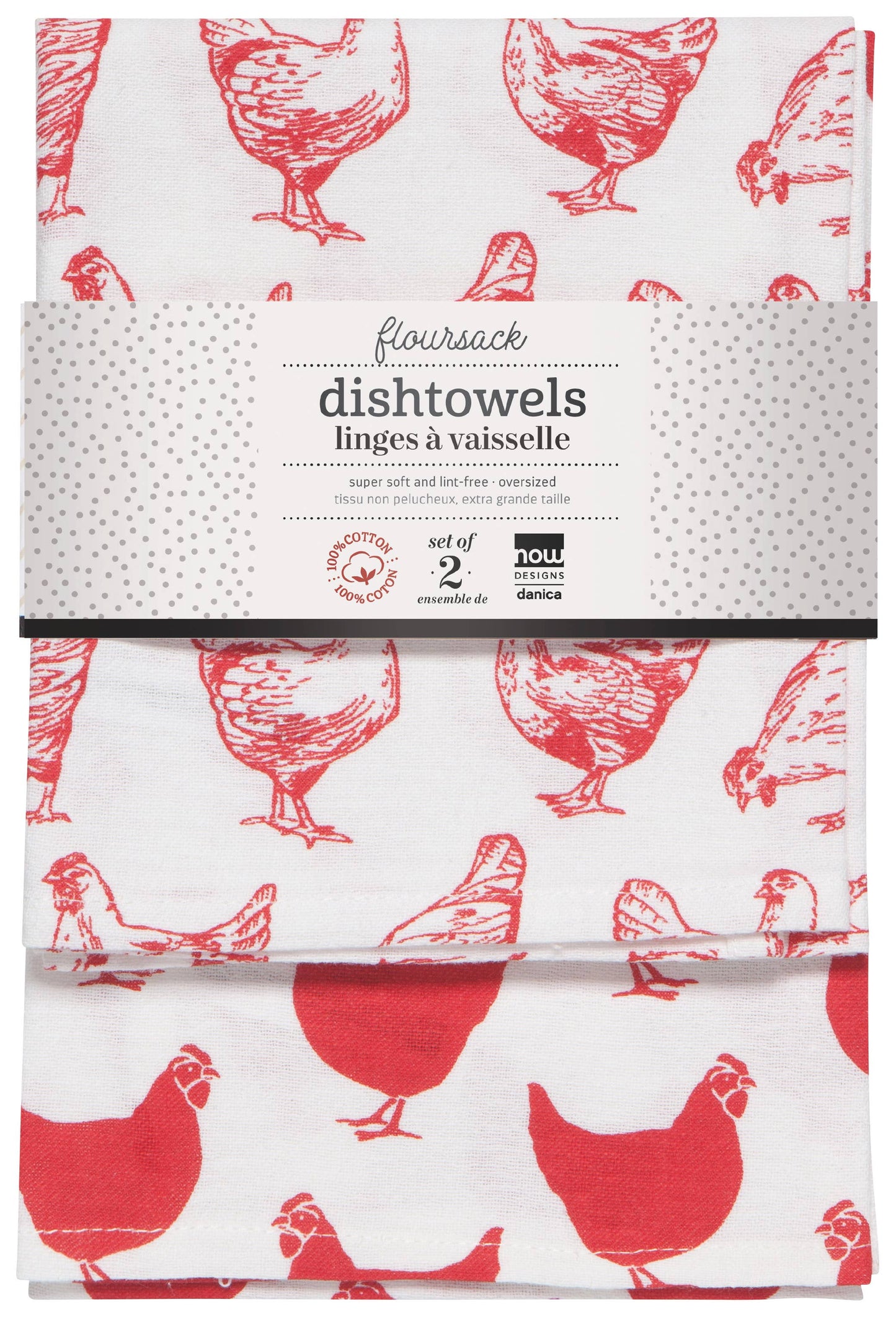CHICKENS PRINT RED FLOURSACK DISHTOWELS SET OF 2