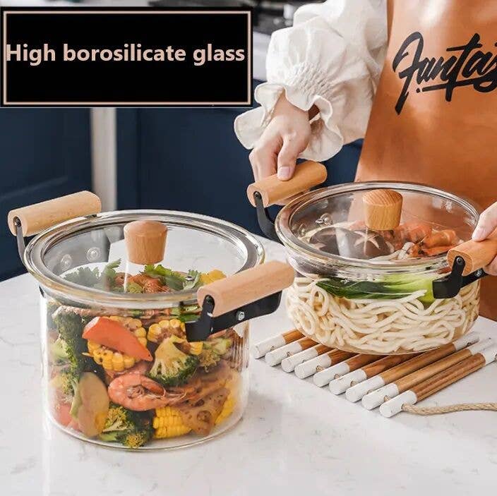 HEAT-RESISTANT GLASS COOKING POT W/ WOODEN HANDLES 3.5L