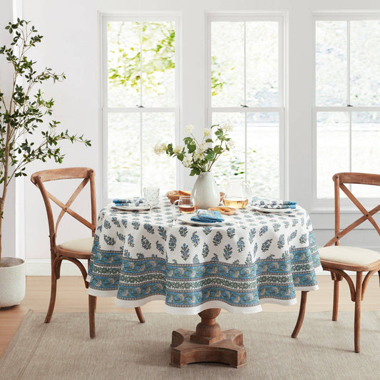 TROPEZ BLOCK PRINT STAIN & WATER RESISTANT INDOOR/OUTDOOR TABLECLOTH: 70" ROUND