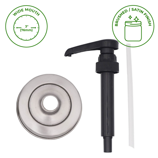 FOOD GRADE DISPENSER PUMP FOR MASON JARS: BRUSHED / SATIN LID / WIDE MOUTH WITH JAR