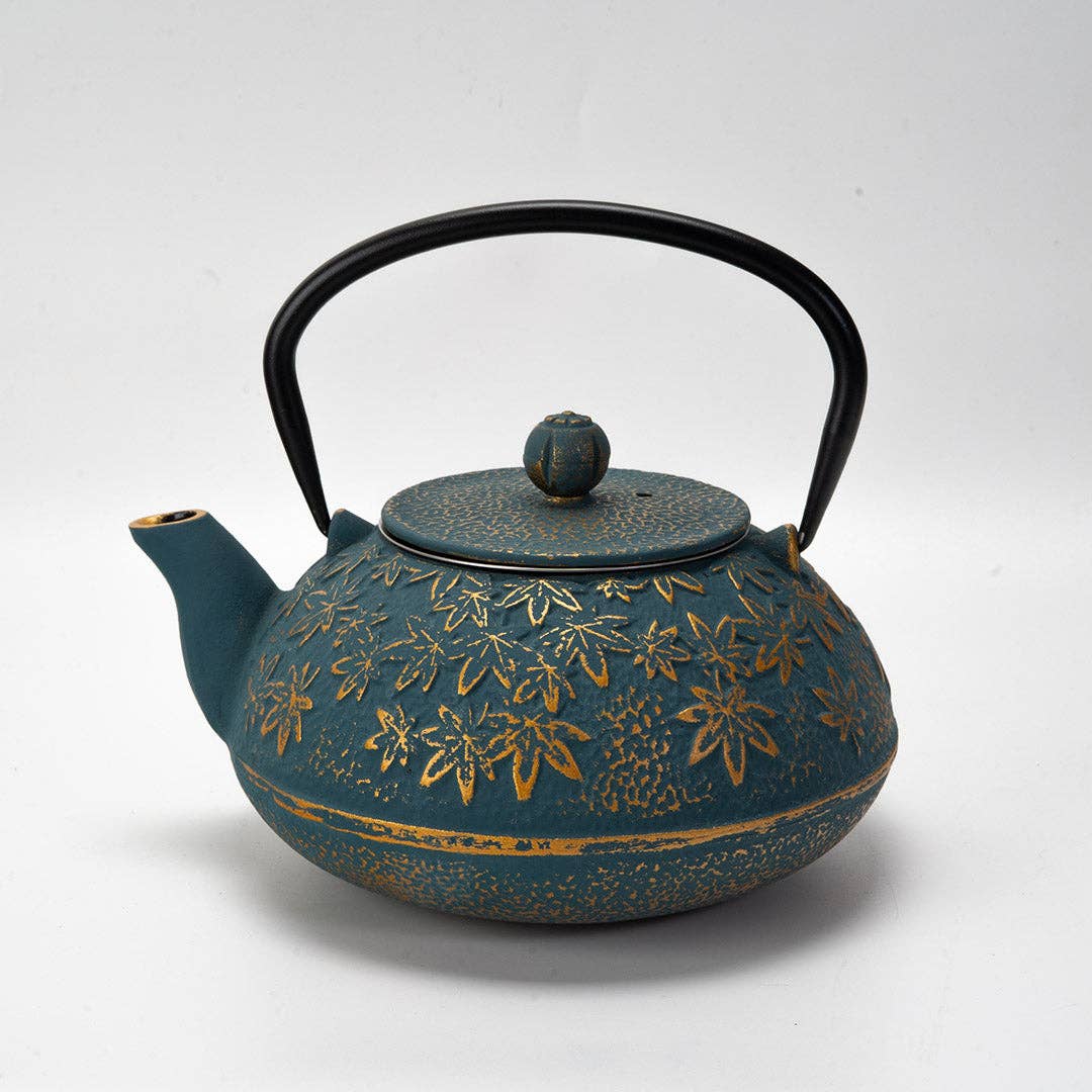 Turquoise Maple Leaves Momiji Design 40oz Cast Iron Tea Pot (1/8)