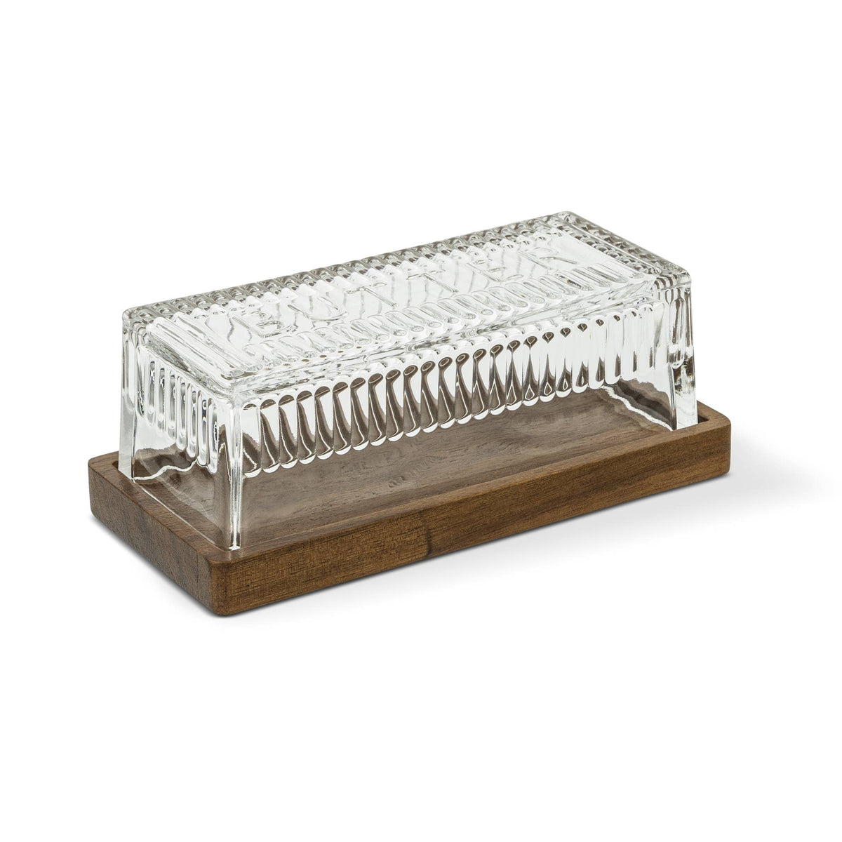 Ribbed Glass Butter Dish w/ Acacia Base