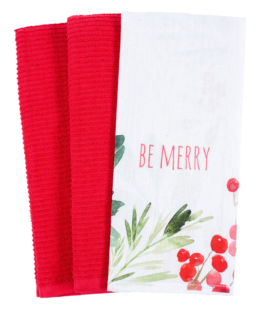 KAF Home Holiday Kitchen Tea Towels - Set of 3  Be Merry Border