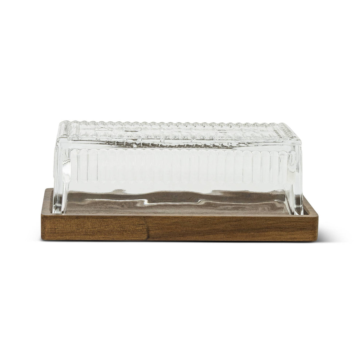Ribbed Glass Butter Dish w/ Acacia Base