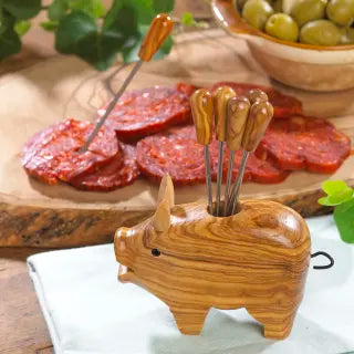 OLIVE WOOD PIG WITH APPETIZER FORKS
